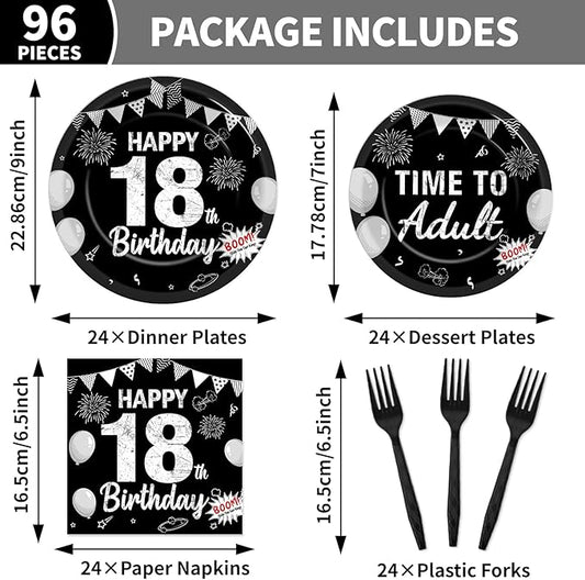96PCS 18th Birthday Party Paper Plates and Napkins Black Silver 18th Birthday Supplies for Boys and Girls Time to Adult Disposable Dessert Plates Happy 18 Kids Party Birthday Gatherings Decorations
