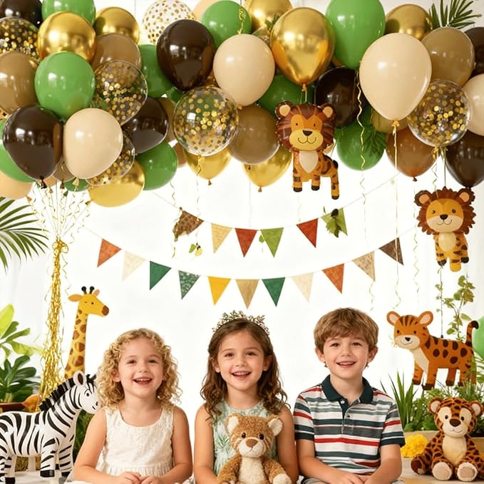 Zesliwy Sage Green Brown Balloons Set,50pcs 12inch Retro Green Dark Brown Nude Balloon and Tan Metallic Gold with Confetti Balloon for Jungle Safari Hunting Woodland Forest Birthday Party Decoration