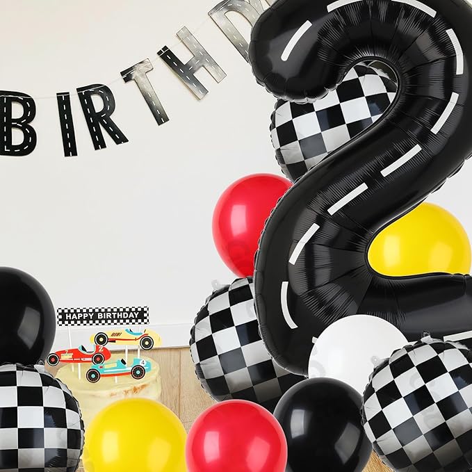 Race Car Balloon Bundle 20 Pcs Checkered Balloons Latex Balloon Yellow Red Black Boy One Happy 1st 2nd Vintage Two Fast Theme Fast One Race Car Birthday Party Decor Supplies Kit