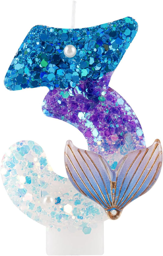 Girls Sparkler 3 Birthday Number Candles,Blue Purple Pearls Mermaid Tail Number Birthday Candles for Girls 3 Birthday Cakes Mermaid Themed Birthday Decorations Party Favors Number 3 Candle Cake Topper