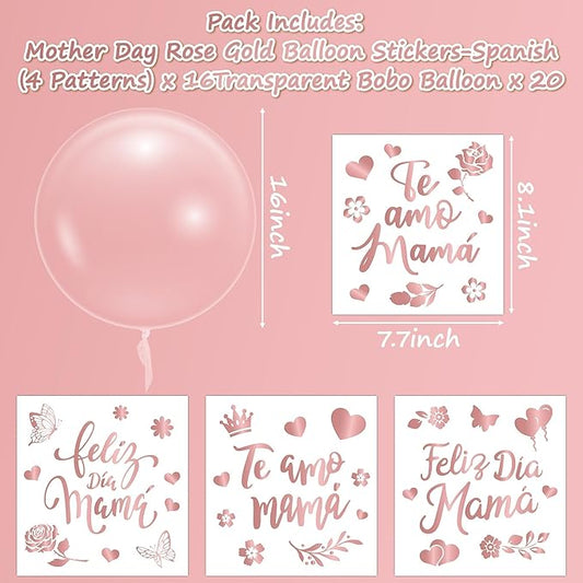 CNhoqc Mother’s Day Bobo Balloons - 20Pcs Feliz Dia Mamá Transparent Bobo Balloons 16Pcs Rose Gold Sticker Decals Set Mom’s Birthday Anniversary Home Party Decorations Supplies Bridal Shower Wedding