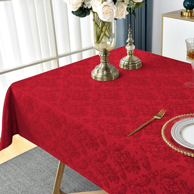 SASTYBALE Rectangle Jacquard Tablecloth, Damask Table Cloth SpillProof Wrinkle Resistant Tablecloths, Soft Polyester Oblong Table Cover for Kitchen, Dinner, Parties (Red, 60X84)