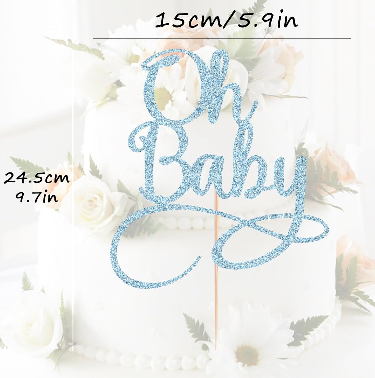 Oh Baby Cake Topper - Light Blue Glitter Baby Birthday Party Cake Decoration Supplies, for Baby Shower/Gender Reveal Party Photo Booth Props