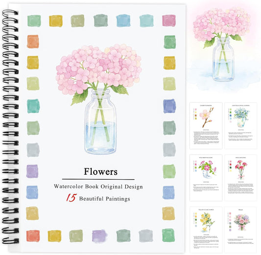 SLWBZ Watercolor Workbooks Coloring Book, Beginner Friendly Painting Kit, Detailed Steps, Creative Exploration Watercolor Book with Paint Set for Adults Teens (Pink Hydrangea, Without Paint)