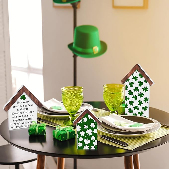 3 Pcs St. Patrick's Day Wood Tiered Tray Decorations Irish Wooden Table House Shape Block Sign Decor Rustic Shamrock Lucky Table Centerpiece for Home Table Centerpiece Farmhouse Shelf Mantel