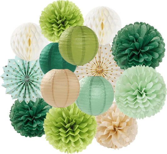 Sage Green Gold Party-Decorations Streamers-Lanterns - 14pcs Olive Paper Fan Honeycomb, Rustic Boho Neutral Birthday Tissue Pom Poms, Baby Bridal Shower Wedding Bachelorette Decor Lasting Surprise