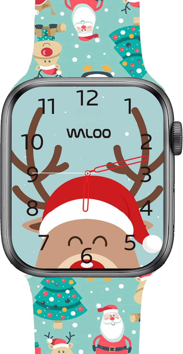 WALOO Adjustable Christmas Pattern Silicone Replacement Watch Band Compatible With Your Apple Watch Series 10/9/8/7/6/5/4/3/2/1/SE/Ultra Fits Sizes 38mm, 40mm, 41mm, 42mm, 44mm, 45mm, 46mm, 49mm