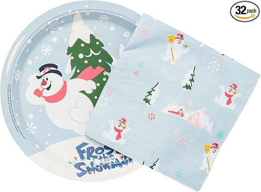 Silver Buffalo Frosty the Snowman Christmas 32 Pack Partyware Disposable Paper Plates and Napkins