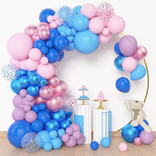 Amandir 153pcs Pink and Blue Balloon Arch Garland Kit, Different Sizes 18 12 10 5 inch Pastel Blue Pink Purple Confetti Balloons for Boys Girls Shower Pool Summer Party Gender Reveal Decorations