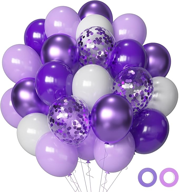 Purple Balloons Metallic Purple Balloon, 50 Pcs 12inch Lavender Lilac Purple Confetti Latex Balloons for Birthday Bridal Shower Wedding Party Decorations