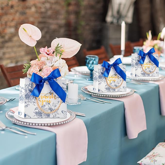 Kolldenn 40 Pcs Small Thank You Floral Gift Bags 5.5''x 2.4''x 4.7'' Blue White Paper Party Favor Bag with Handle Chinoiserie Floral Bag Bulk with Ribbon for Wedding Birthday Bridal Baby Shower
