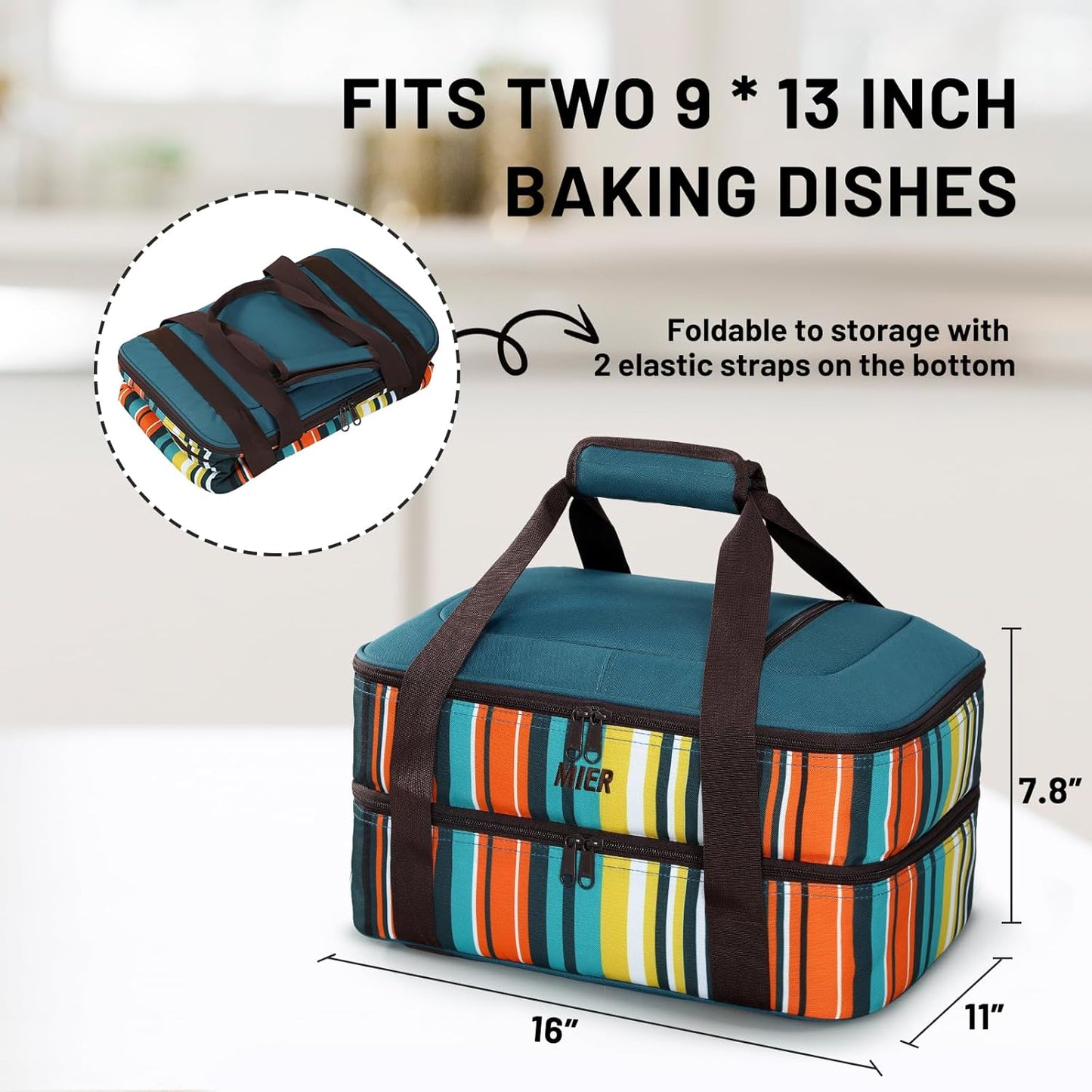 MIER Insulated Casserole Carrier Fits 9"x13" Baking Dishes/Foil Pans, Double Food Carriers Bag Thermal Holder for Hot or Cold Food Lasagna Lugger Potluck Parties Picnic Travel, peacock blue