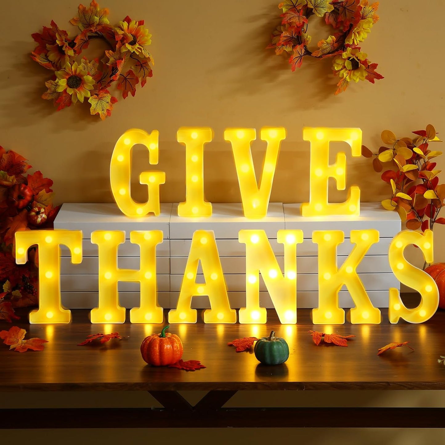 10 Pcs Give Thanks Large LED Letter Sign LED Lights Battery Powered Thanksgiving Table Decoration for Thanksgiving Party Decorations