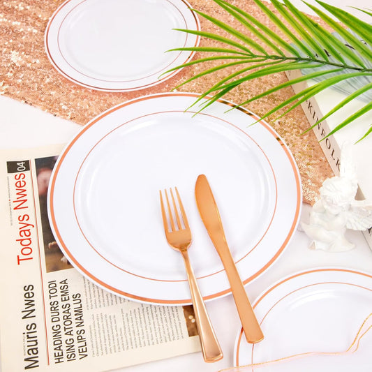 FLOWERCAT 60PCS Rose Gold Plastic Plates - Heavy Duty Rose Gold Plates Disposable for Christmas Party/Wedding- Include 30PCS 10.25inch Dinner Plates and 30PCS 7.5inch Dessert Plates