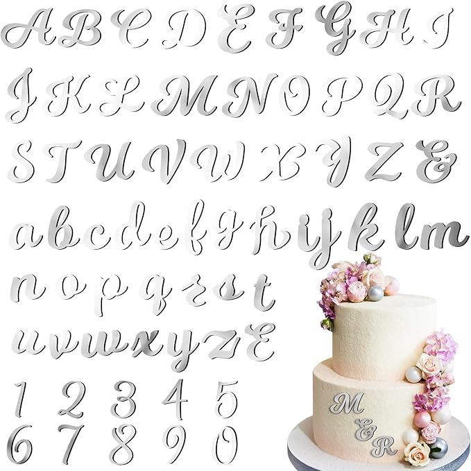 Jspupifip 64 Pcs Acrylic Letters Cake Alphabet Numbers Topper, Mirror Number 0-9 and Alphabet A-Z Personalized Cake Picks Decor Anniversary Wedding Baby Shower Party Supplies(Silver)