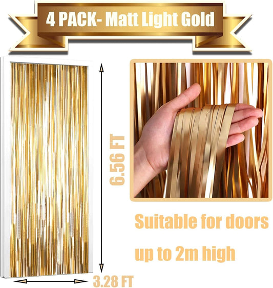 4 Pack Champagne Gold Foil Fringe Curtain Backdrop, 3.28Ft x 6.56Ft Metallic Tinsel Streamers Curtains, Wedding, Thanksgiving, Birthday, Christmas, Halloween Party Decoration