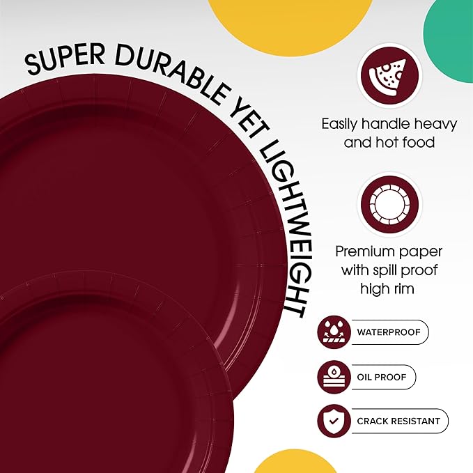 Exquisite Burgundy Paper Plates Disposable Heavy Duty 100 Pcs - 50-7" & 50-9" Burgundy Disposable Plates For Party Heavy Duty Paper Plate 350 GSM Birthday Party Supplies Plate Set