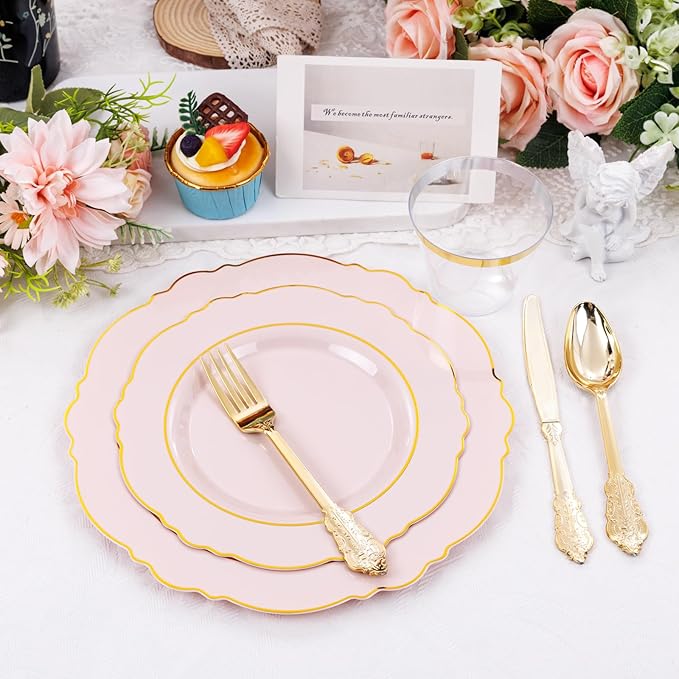 Liacere 175PCS Pink Plates Disposable - Pink and Gold Plates 25guest Baroque Plastic Dinnerware include 150Plates, 25Pack Pre Rolled Napkins with Silverware 25Cups Perfect for Easter Day