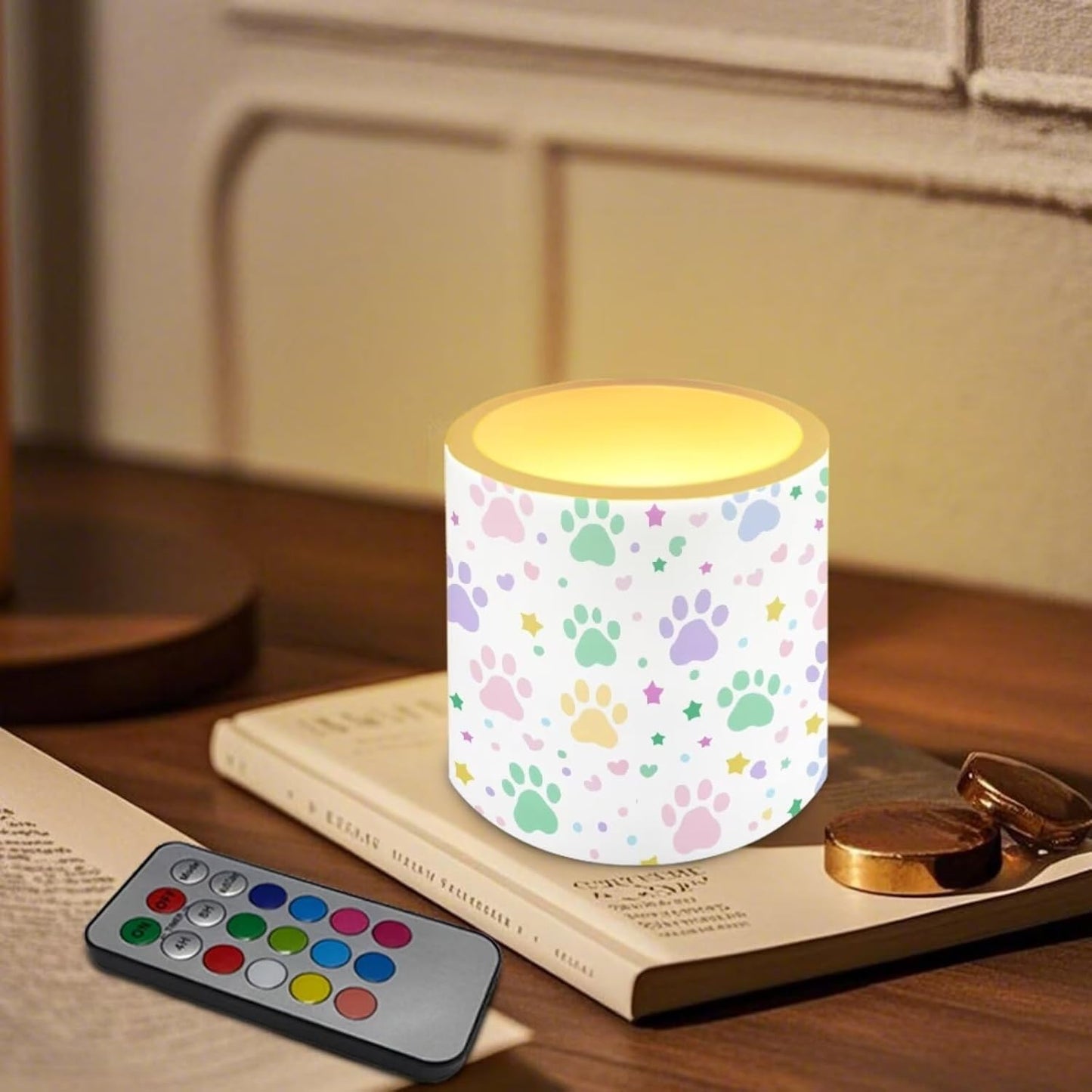 Poceacles LED Flameless Candles Set of 4 Flickering Night Lights with Remote and Timer, Stylish Design Battery Operated Candles for Indoor Outdoor Decorations, Cute Paw Star Love Print White