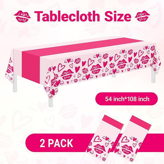 Childom 2 Pcs Valentines Day Tablecloths for Valentines Day Decorations,54" x 108" Disposable Plastic Tablecloths,Rectangle Lip Table Cover for Party Decorations Mothers Day Anniversary Birthday