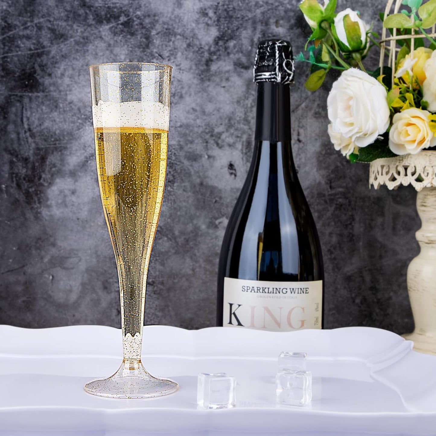 WDF 36 Pack Gold Glitter Plastic Champagne Flutes - 7OZ Disposable Gold Champagne Glasses Plastic for Thanksgiving Party, Wedding, New Year
