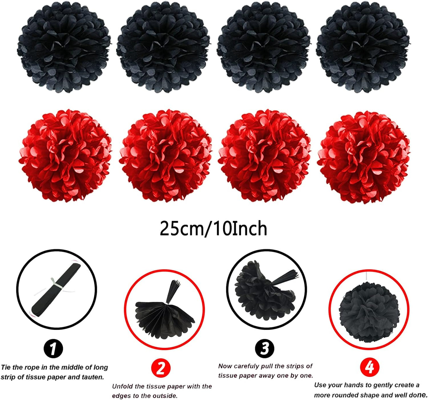 ZERODECO Party Decorations, 41 Pcs Black and Red Papar Fans Pompoms Garlands String Tissue Paper Tassel for Graduation Bridal Baby Shower Wedding Boy Girl Birthday Party