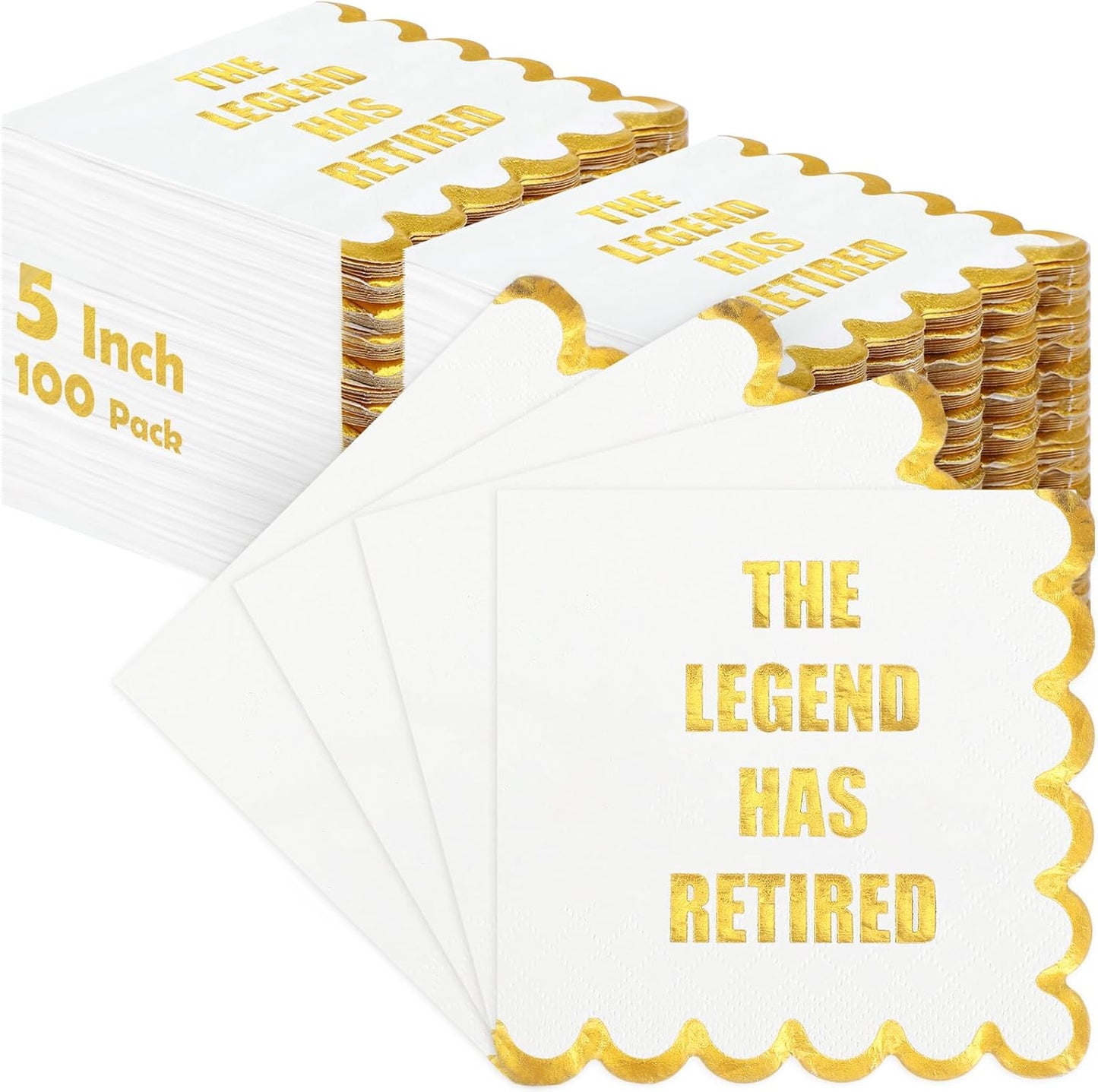 Happy Retirement Paper Napkins the Legend Has Retired Cocktail 5x5 Inches Disposable Gold Lace Napkins with Gold Foil for Party Decorations Supplies(100 Pcs)