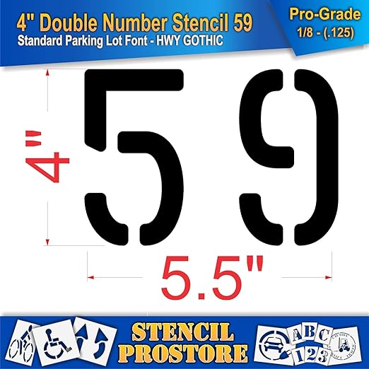 Pavement, Curb, and WheelStop Stencils - 4 inch Double Number Stencil - (59) - 4" x 5.5" x 1/8" (128 mil) - Pro-Grade