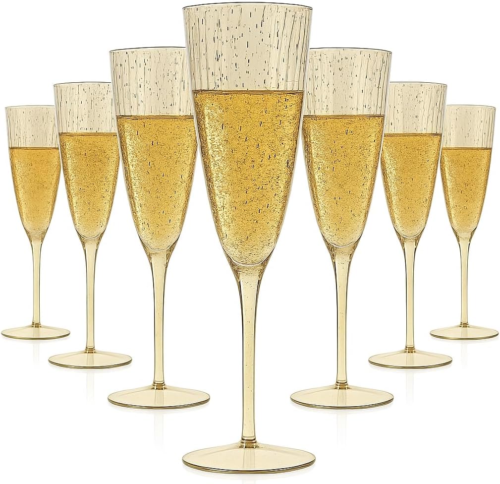 Oojami 6 Oz Gold Glitter Plastic Champagne Glasses 24 Pack Hard Disposable Plastic Champagne Flute Ideal for Home Daily Life Party Wedding Toasting Drinking Champagne Reusable Party Supplies