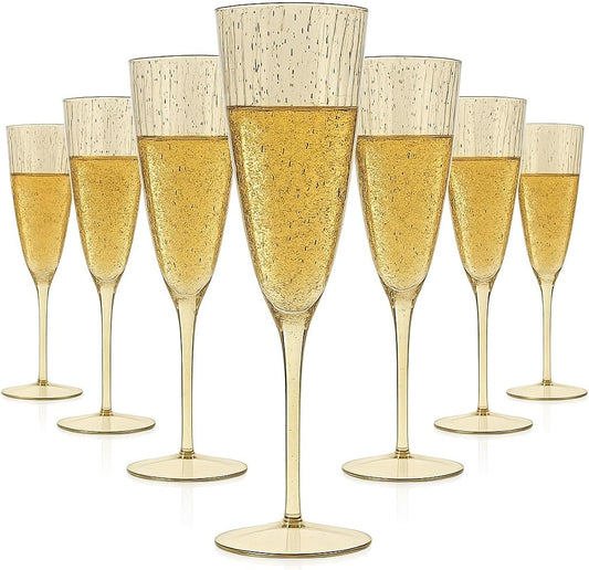 Oojami 6 Oz Gold Glitter Plastic Champagne Glasses 24 Pack Hard Disposable Plastic Champagne Flute Ideal for Home Daily Life Party Wedding Toasting Drinking Champagne Reusable Party Supplies