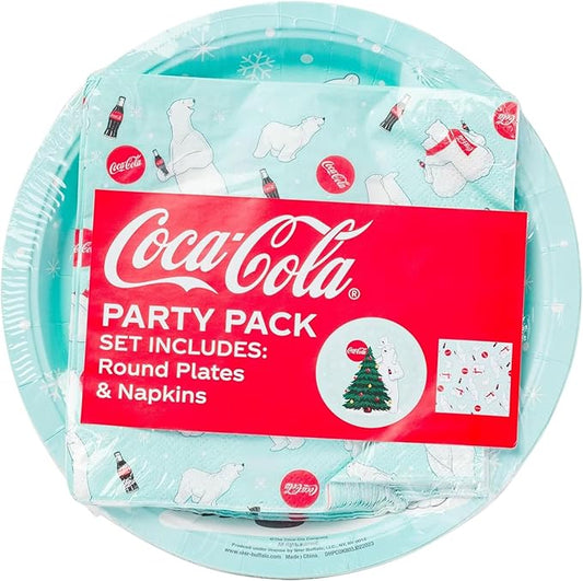 Silver Buffalo Coca-Cola Polar Bears Christmas Tree 32 Pack Partyware Disposable Paper Plates and Napkins