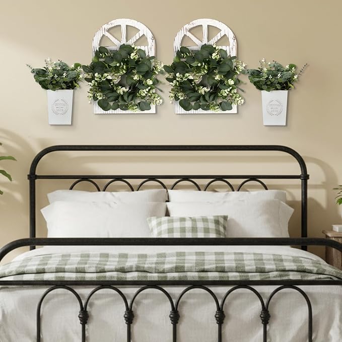 4 Sets 67 Pcs Farmhouse Wall Decor Set Rustic Window Frame Wall Decor with Eucalyptus Wreath and Metal Walls Planters Vintage Farmhouse Walls Art for Living Room Entryway(Arched)