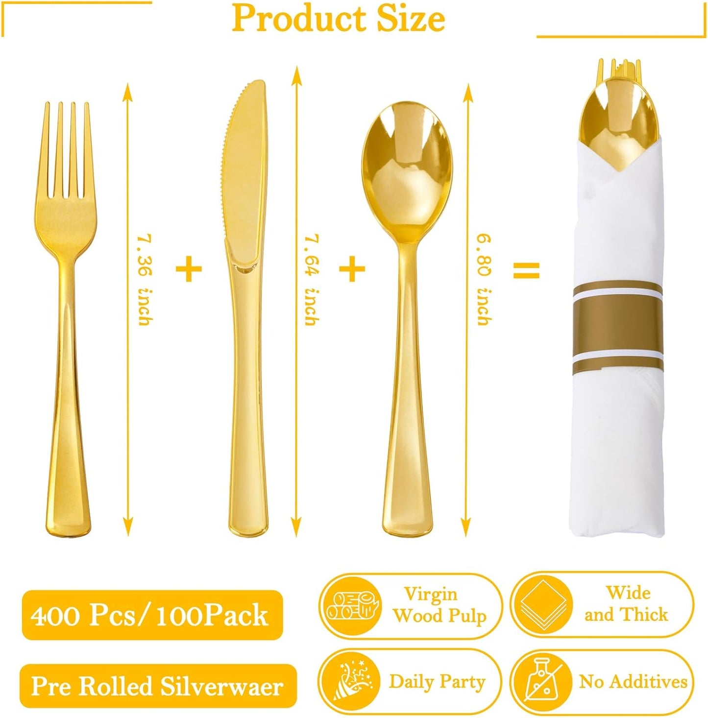 Supernal 100 Pack Gold Plastic Silverware,Pre Rolled Silverware Set Disposable,Gold Disposable Utensils Includes 100 Plastic Forks Spoons and Knives Set,and 100 Napkins for Wedding,Birthday, Party