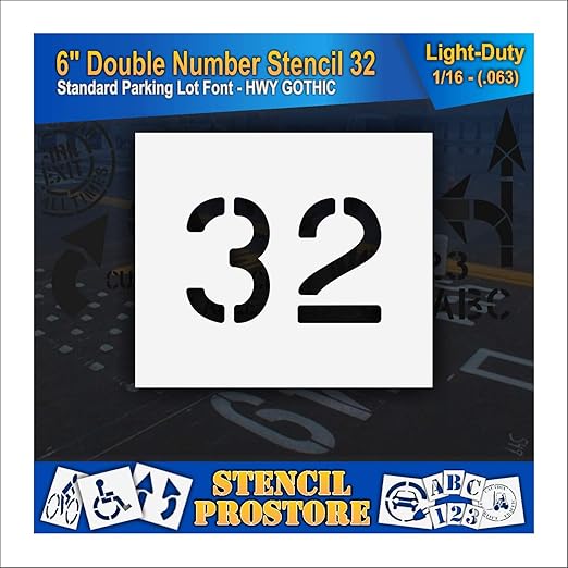 Pavement, Curb, and WheelStop Stencils - 6 inch Double Number Stencil - (32) - 6" x 9" x 1/16" (63 mil) - Light-Duty