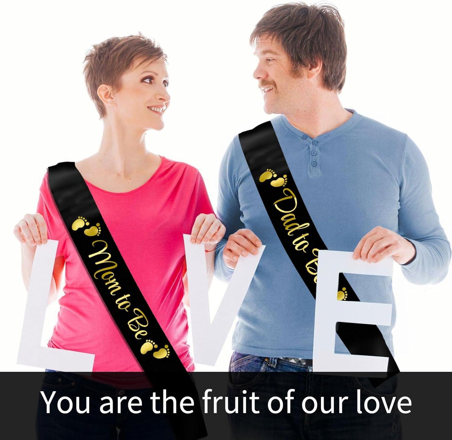2pcs Mom to be and Dad to be Baby Shower Sash，Black Satin with Gold Letters Sash for New Mom Dad Baby Shower Party Gender Reveal Supplies Decorations