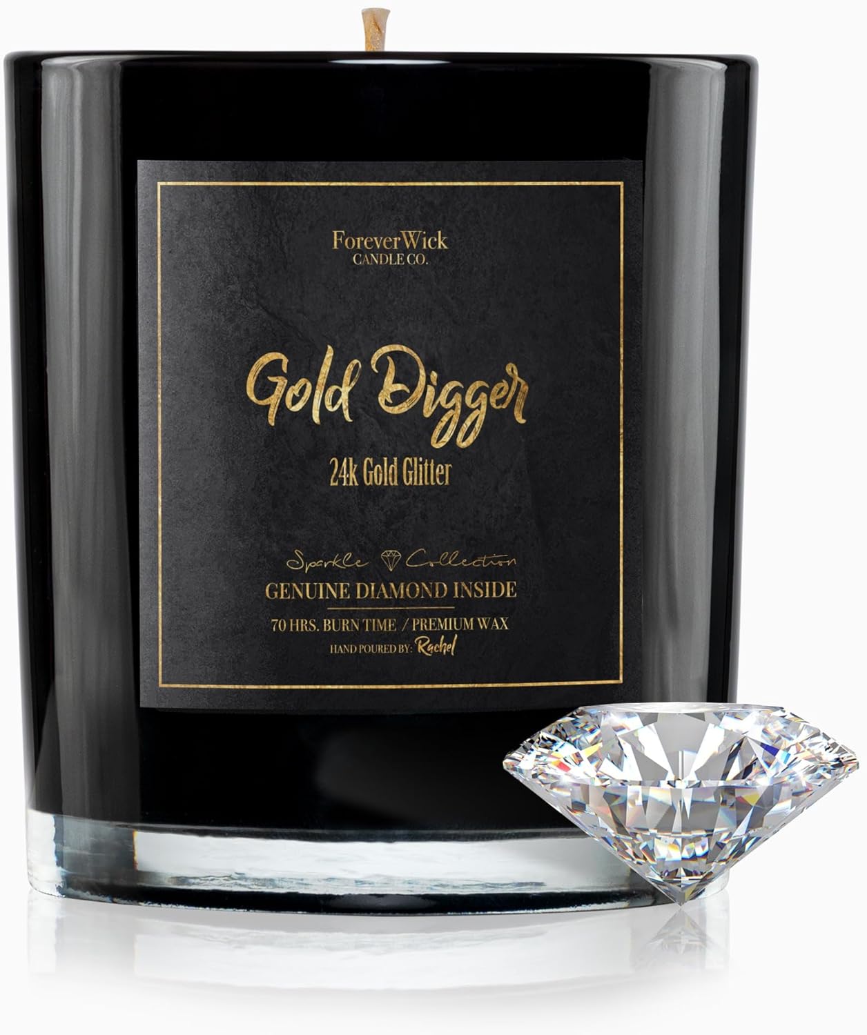 Gold Digger Sparkle Sandlewood & Amber Surprise Candle with Diamond Inside | Foreverwick Candles | Scented Soy Candles Gifts for Women Aromatherapy Candle | All-Natural Organic Soy Candle 14oz | 70h