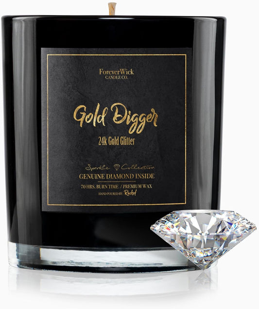 Gold Digger Sparkle Sandlewood & Amber Surprise Candle with Diamond Inside | Foreverwick Candles | Scented Soy Candles Gifts for Women Aromatherapy Candle | All-Natural Organic Soy Candle 14oz | 70h