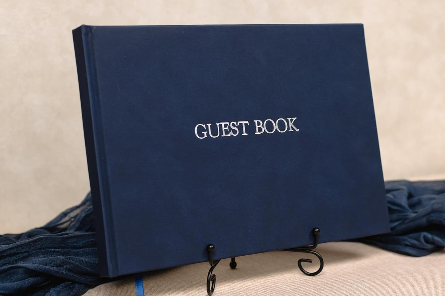 Embossed Guestbook - 11.5 x 8.5 Large Luxury Modern Cream Canvas Linen Embossed Hard Cover Guest Book for Wedding, Birthday & Events, Blank Pages (Navy)