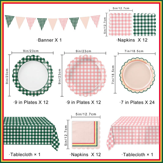 102 PCS Camp Bachelorette Decorations - Scalloped Gingham Plates, Napkins, Cups, Banner, Gingham Tablecloths for Baby Shower, Wedding, Birthday, Serves 25