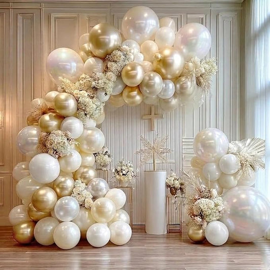 White Gold Balloon Arch Double Stuffed Pearl White Sand Cream Gold Chrome Balloon Garland Kit for Baptism Birthday Baby Shower Wedding Graduation Party Decorations