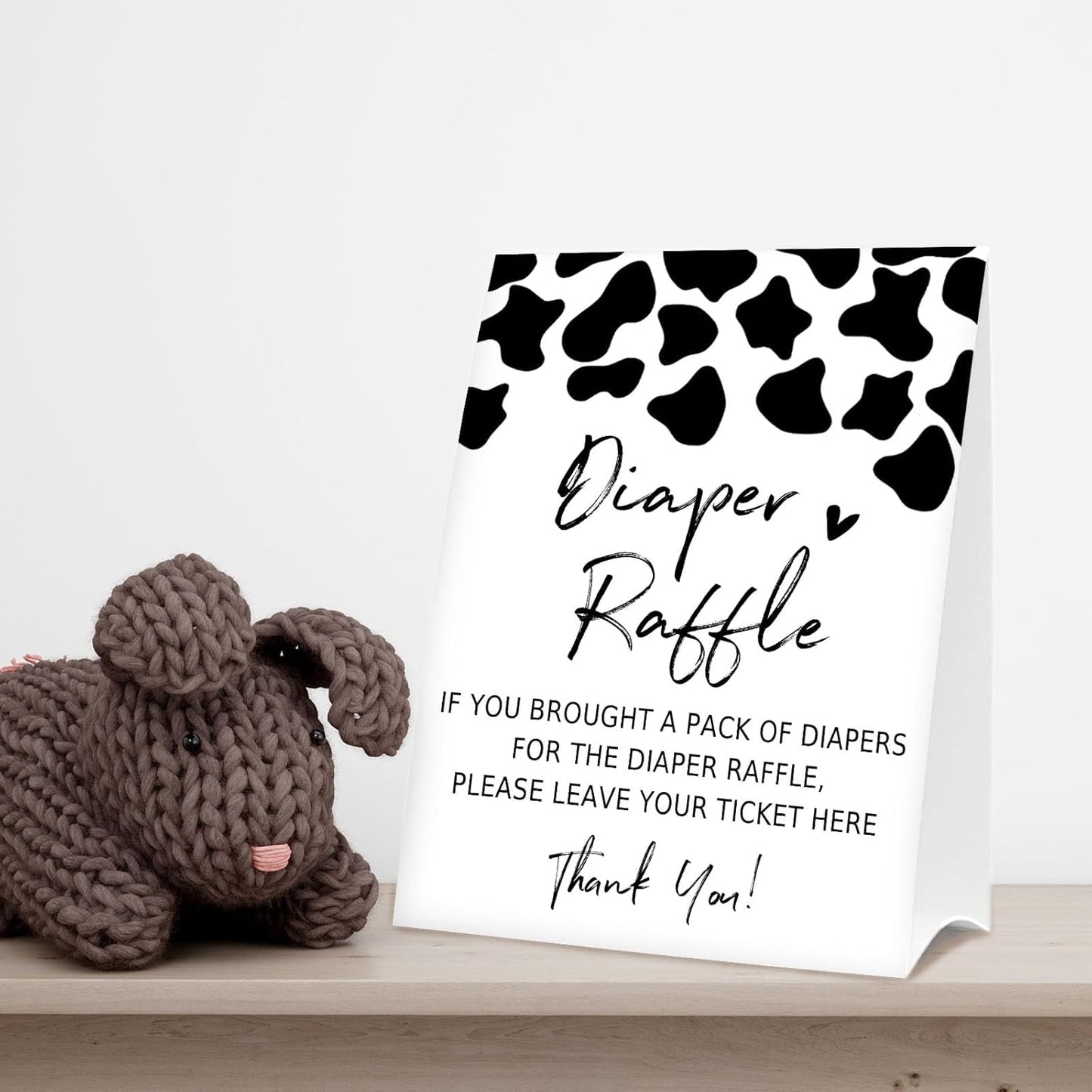 Diaper Raffle Tickets for Baby Shower Game, 1 Standing Sign & 50 Guessing Cards for Baby Shower Party Decoration, Dairy cow