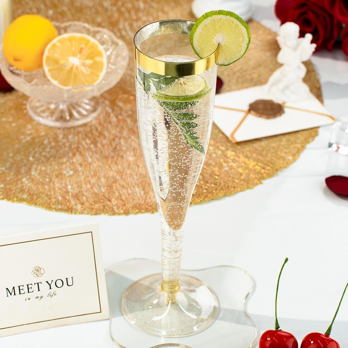 Goodluck 48 Pack 6.5 oz Plastic Gold Glitter Champagne Flutes with Gold Rim, Disposable Champagne Toasting Glasses for Wedding, Engagement, Party, Mimosa Bar