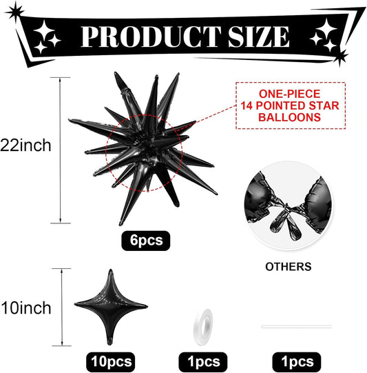 Black Star Balloon,6Pcs 22Inch Explosion Star Balloons and 10Pcs 10Inch Four Angle Balloons Kit for Birthday Halloween Anniversary Baby Shower Wedding Party Decorations