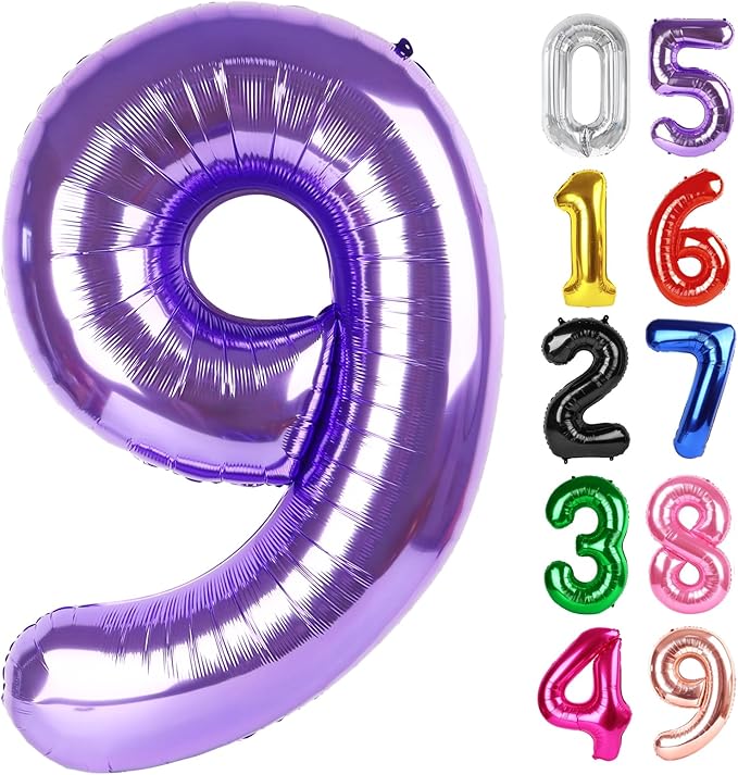 Purple Number 9 Balloon 40 Inch, 9th Birthday Party Decorations for Children, Giant 9 Foil Balloon for Party Supplies