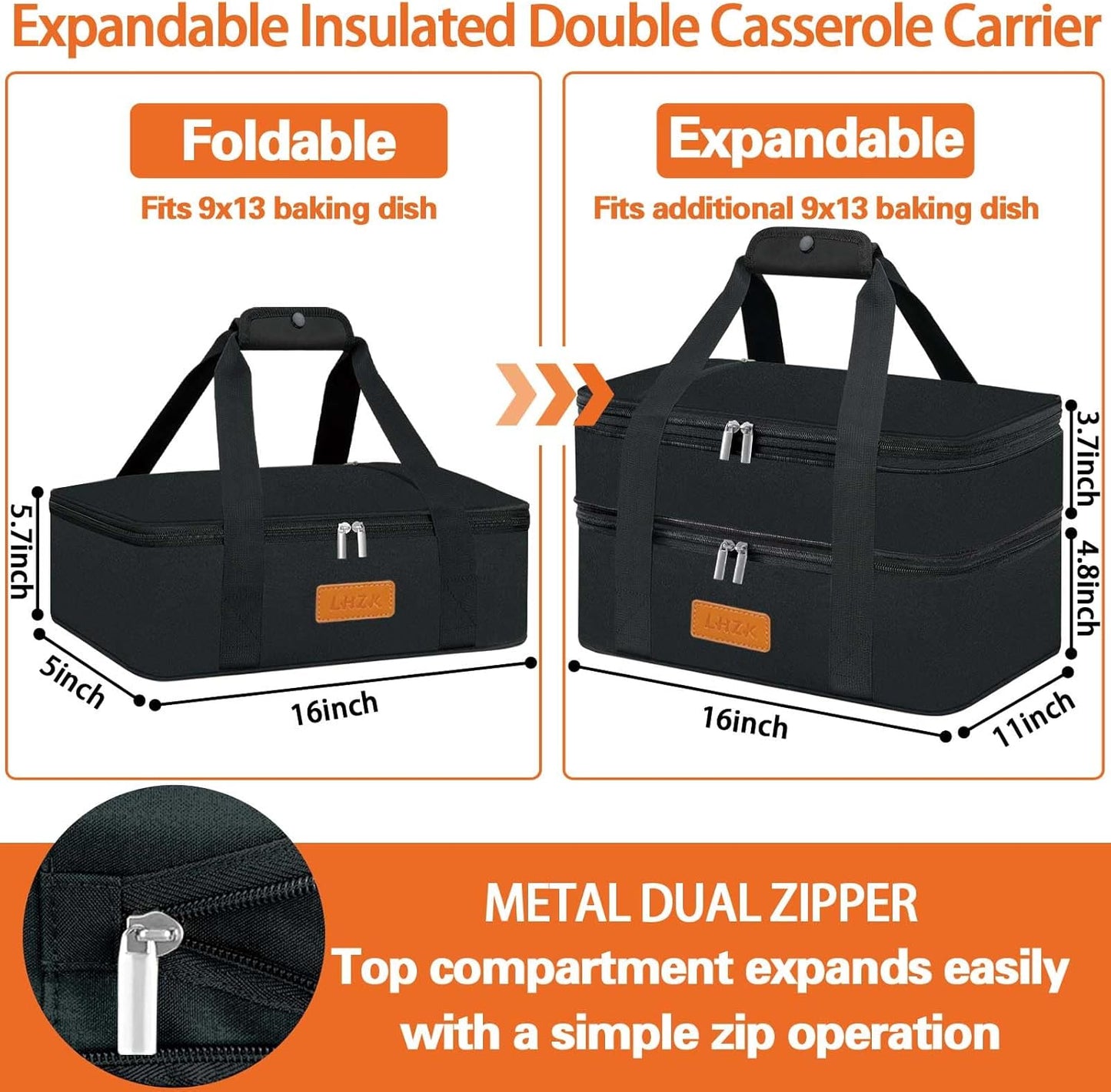 LHZK Double Insulated Casserole Carrier, Expandable Casserole Carriers for Hot or Cold Food, Insulated Food Carrier for Travel, Parties, Picnic, Fits 11 x 15 or 9 x 13 Baking Dish(Black)