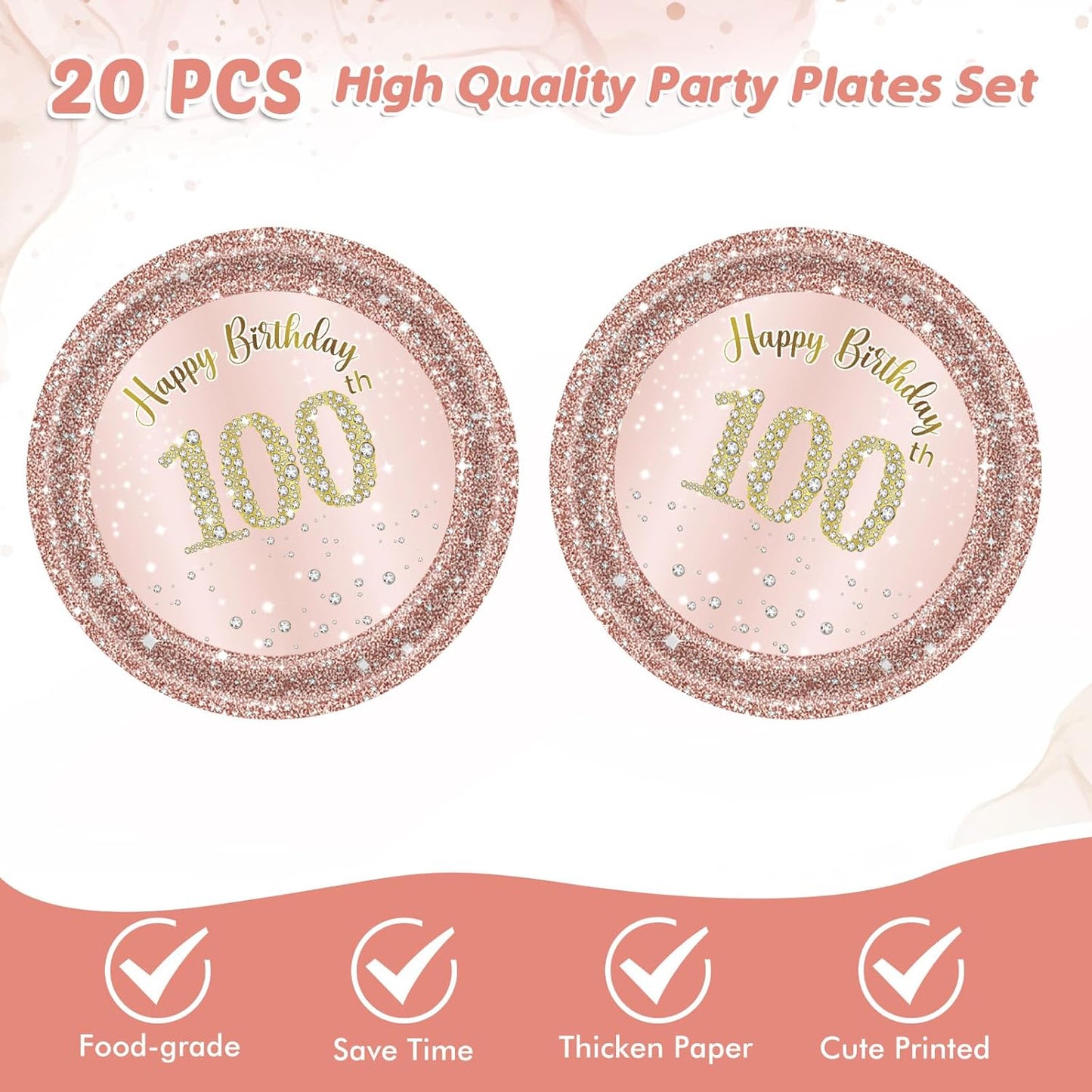 100th Birthday Decorations, Rose Gold Birthday Party Supplies Include 20Pcs Plates 20Pcs Napkins Sweet One Hundred Year Old Birth Party Tableware for Girl Ladies Women