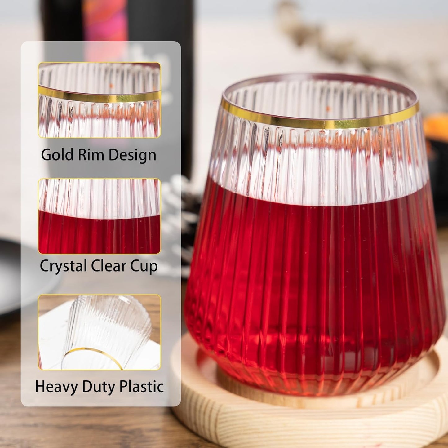 N9R 24 Count 12oz Clear Plastic Wine Cups with Gold Rim - Elegant Origami Ripple Design, Shatterproof & Disposable for Whiskey, Cocktail, Champagne, Parties, Weddings, Events