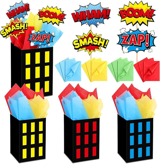 8 Sets Hero Theme Party Decoration Hero Boxes Centerpiece (7.9 x 5.1 x 5.1 Inch) Sticks with Tissue Paper Standing Cards Birthday Baby Shower Party Supplies (Red,Yellow,Blue)