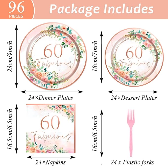 96Pcs 60th Birthday Party Supplies 60 Fabulous Paper Plates Napkins 60 Years Party Decorations Rose Gold Birthday Dinnerware Party Favor Women 60th Birthday Tableware Serves 24