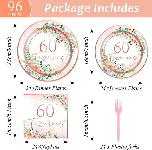 96Pcs 60th Birthday Party Supplies 60 Fabulous Paper Plates Napkins 60 Years Party Decorations Rose Gold Birthday Dinnerware Party Favor Women 60th Birthday Tableware Serves 24